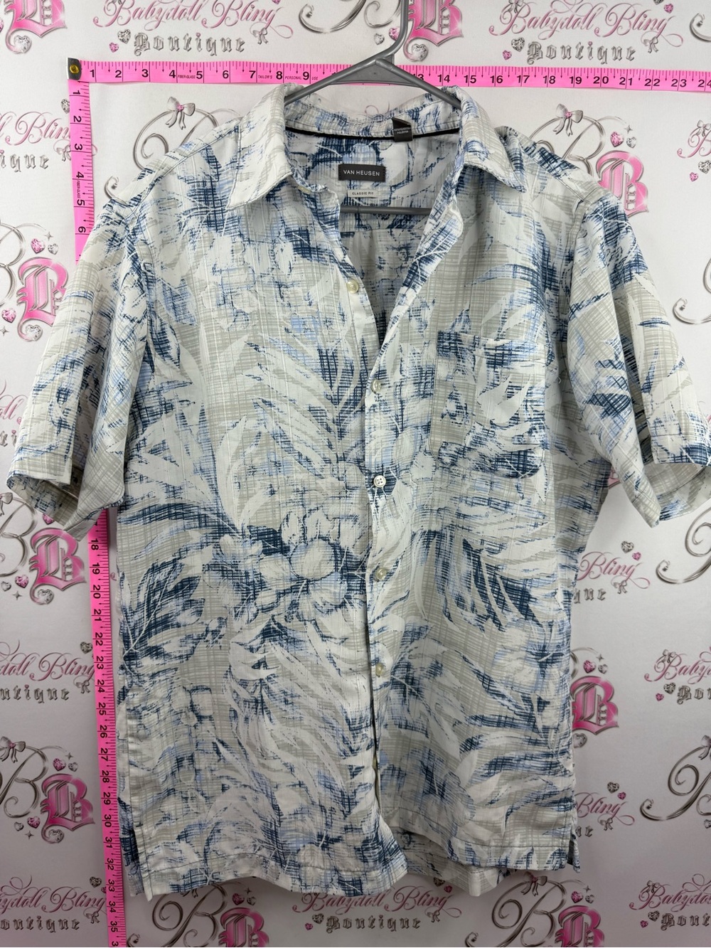 Van Heusen Cream and Blue Tropical Short-Sleeve Button-Up Shirt tiki